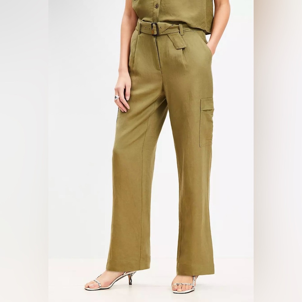 Loft Belted Drapey Cargo Linen Blend Pants Olive Green Womens Size 10 Workwear - Picture 3 of 14